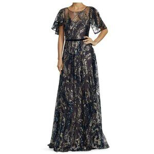Marchesa Notte $1395 Sequins Blue Cape Sleeve Formal Gown Dress NEW Sz 2
